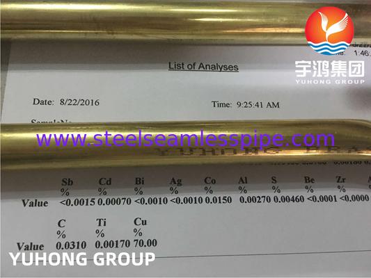 ASTM B111 / ASME SB111 C44300 Χωρίς έλξη σωλήνας χαλκού νικελίου για εφαρμογή σε συστήματα ψύξης με συμπυκνωτή